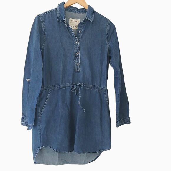 Girl Krazy Dress Tunic Blue Wah Denim 3/4 Button Down Drawstring Waist Size S - Picture 1 of 10